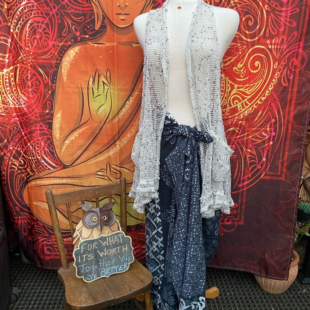 Papa Vancouver Boho Knit Vest + Navy & Silver Sarong Wrap Set (L/XL)